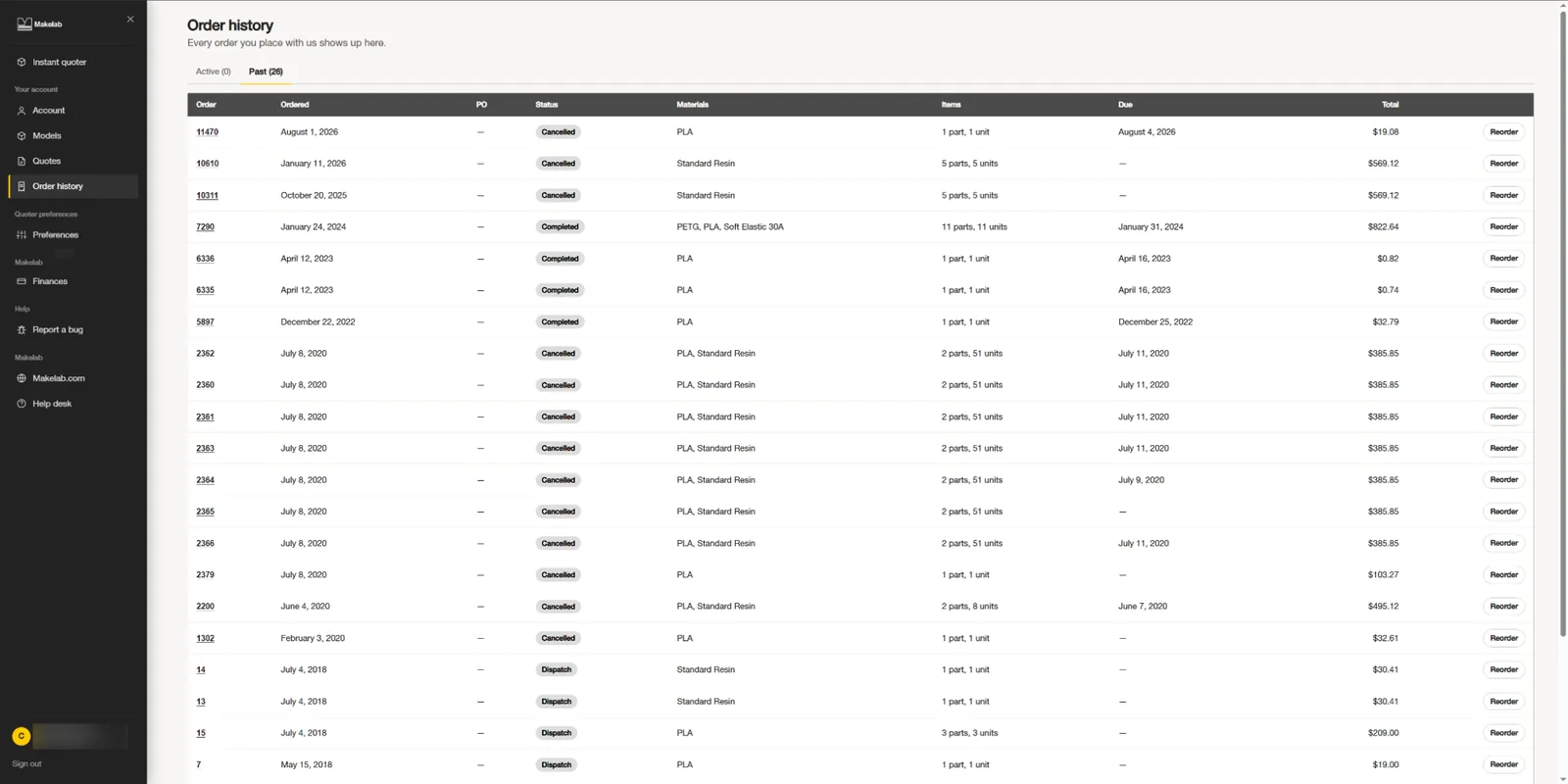 Every order in one place — status, materials, due dates, and totals