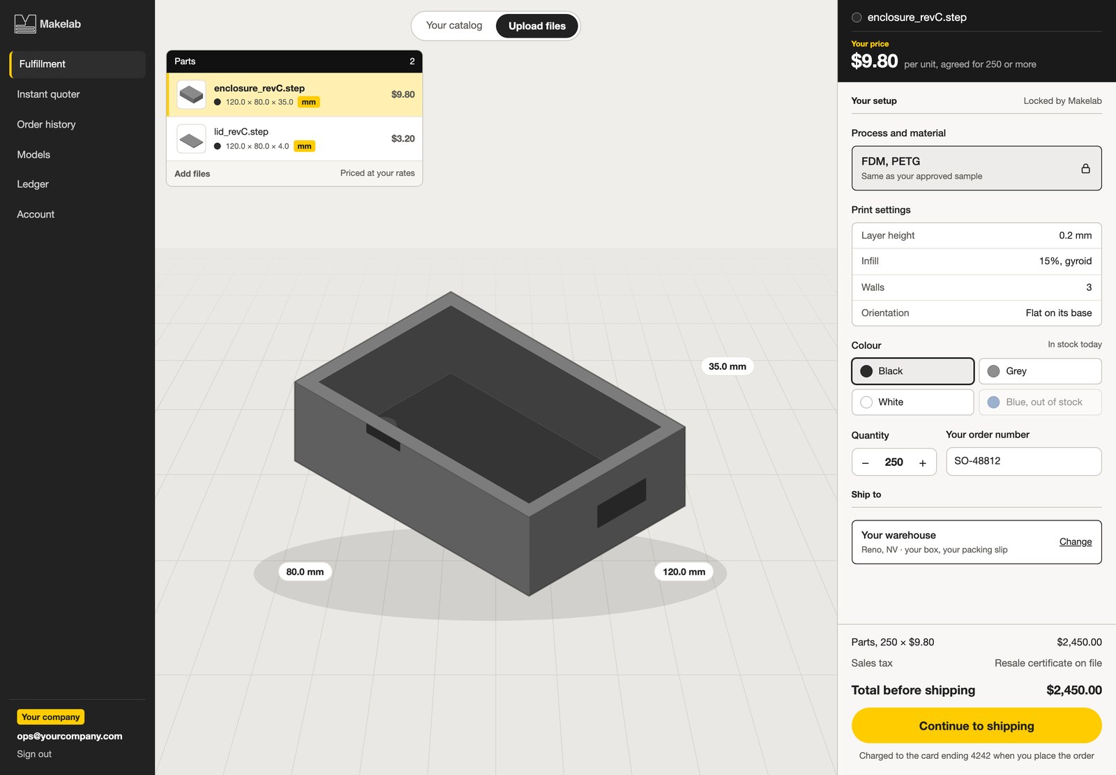 The Makelab client portal: a 3D view of an uploaded enclosure, the parts list, and a settings panel showing the locked process, print settings, colour, quantity and the agreed unit price